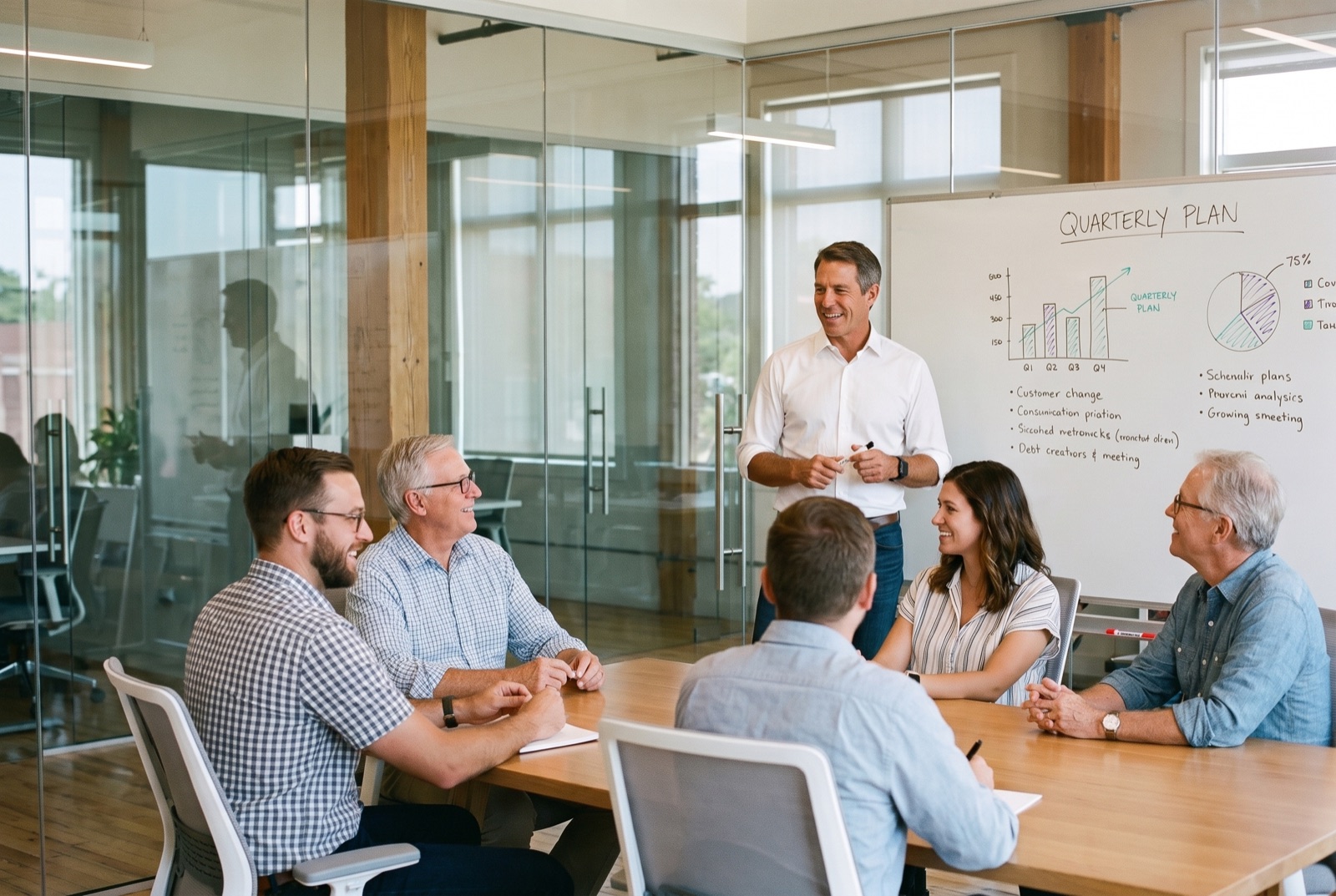 A founder leading a relaxed planning meeting, his team engaged around the table.