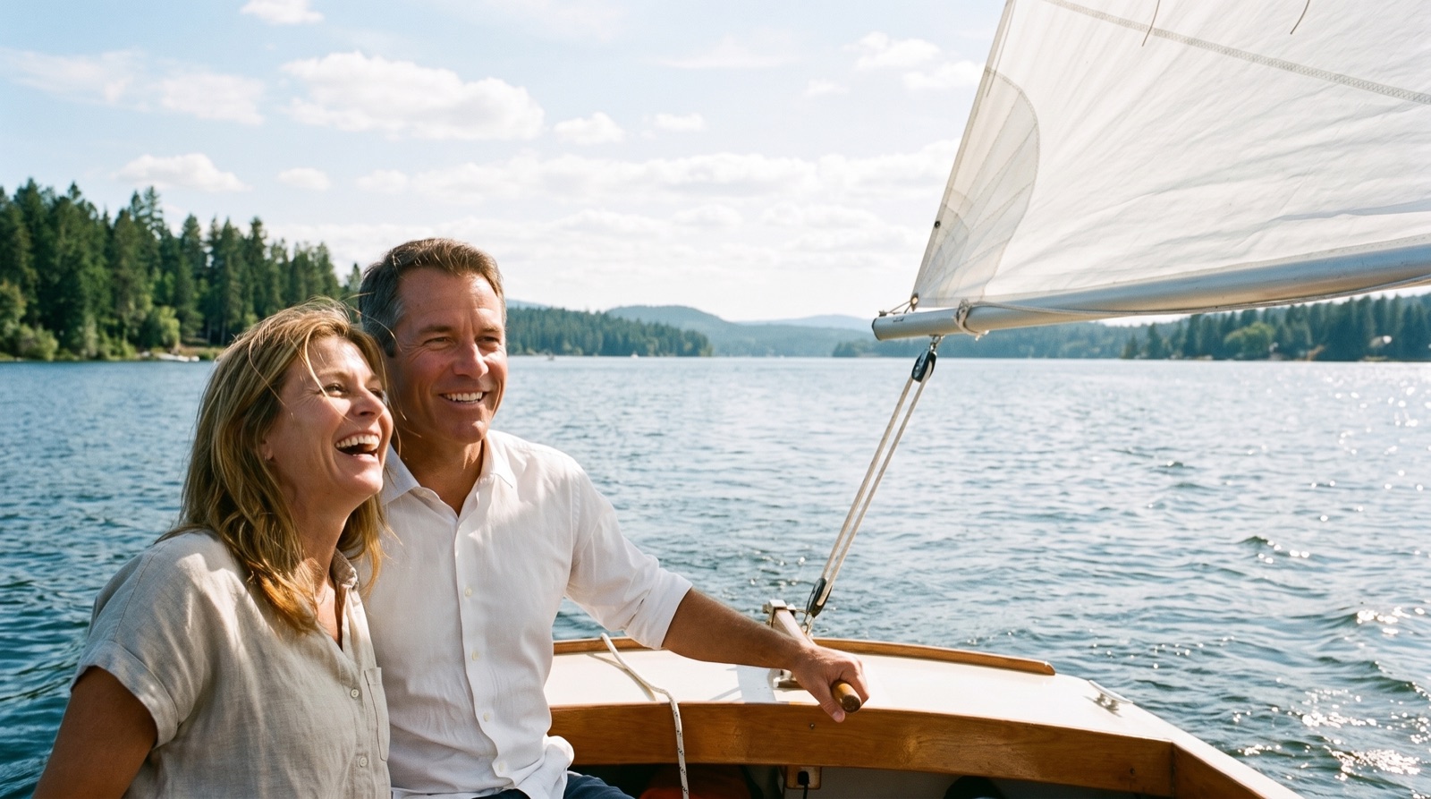 A founder in his fifties sailing with his wife on a sunny lake, both laughing.